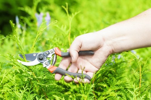 Worker using protective equipment while operating garden machinery